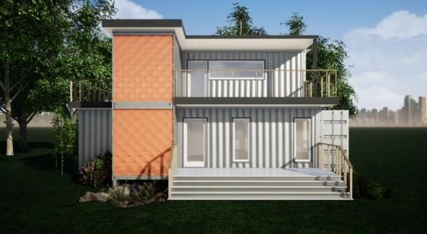 2 Story Grey & Coral Container Home Exterior Designed By RC3D