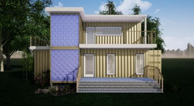 2 Story Blue & Tan Container Home Exterior Designed By RC3D