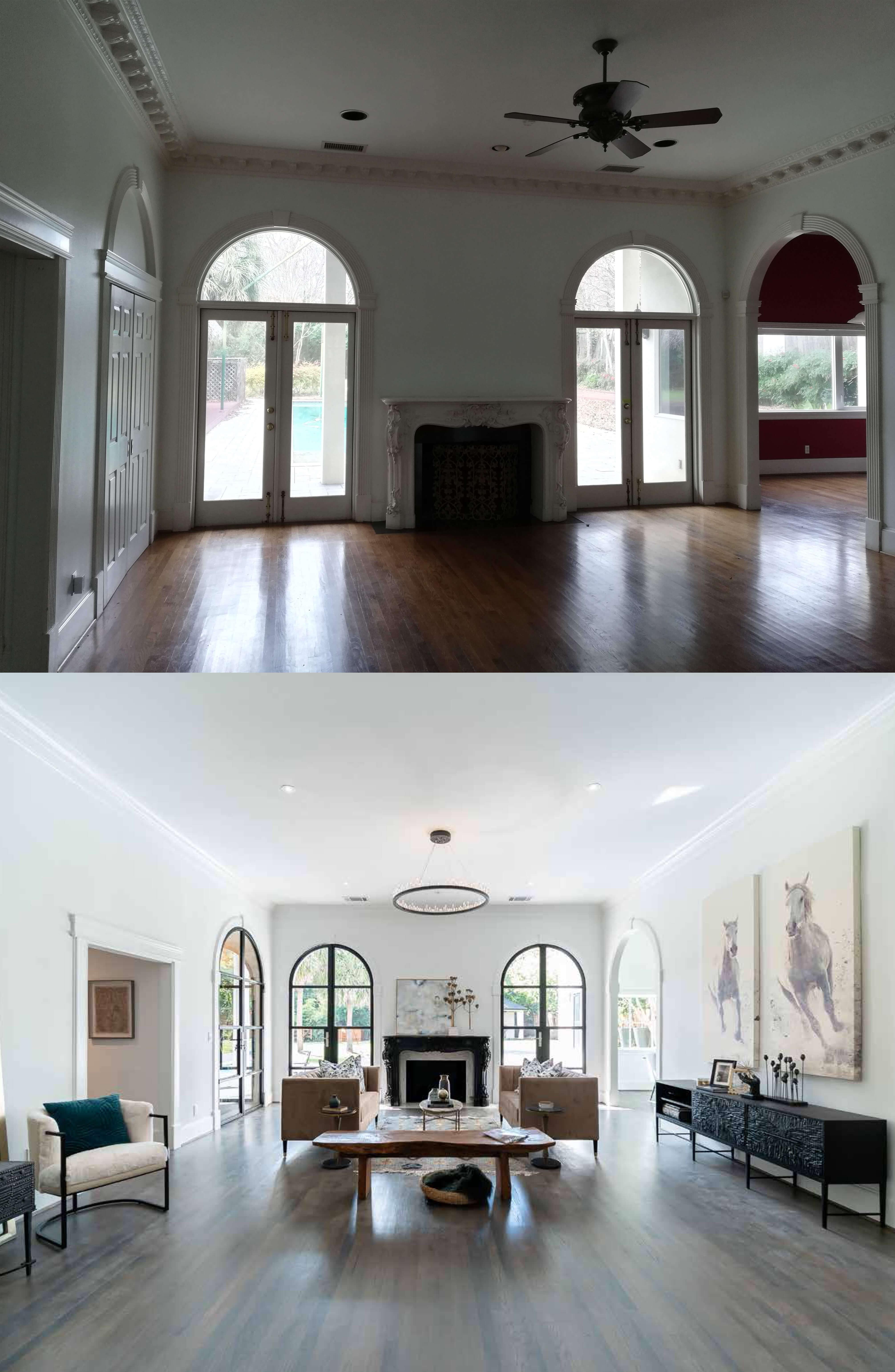 Before & after photos: Single-family home living room remodel designed by RC3D; Award-Winning Architect Firm In Dallas, TX.