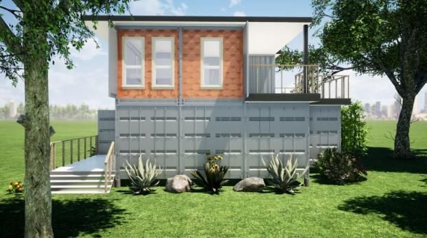 2 Story Grey & Coral Container Home Exterior Designed By RC3D