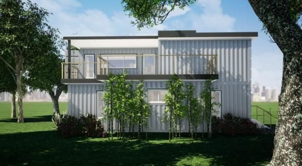 2 Story Grey & Coral Container Home Exterior Designed By RC3D