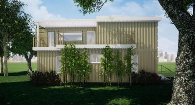 2 Story Blue & Tan Container Home Exterior Designed By RC3D