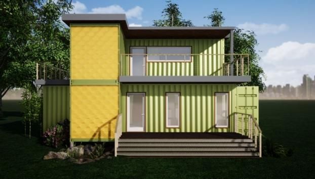 2 Story Green & Yellow Container Home Exterior Designed By RC3D