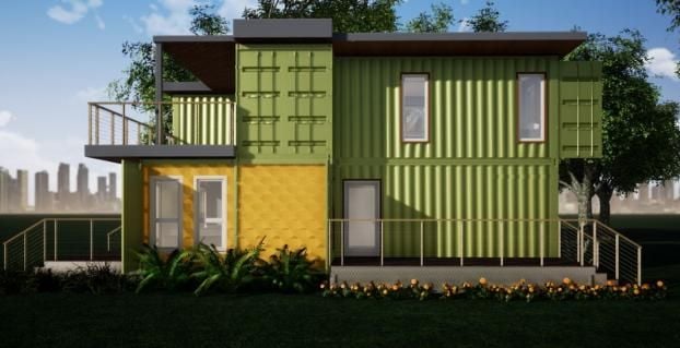 2 Story Green & Yellow Container Home Exterior Designed By RC3D