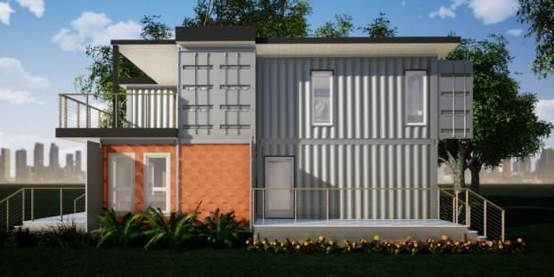 2 Story Grey & Coral Container Home Exterior Designed By RC3D