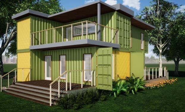 2 Story Green & Yellow Container Home Exterior Designed By RC3D