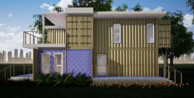 2 Story Blue & Tan Container Home Exterior Designed By RC3D