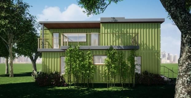 2 Story Green & Yellow Container Home Exterior Designed By RC3D