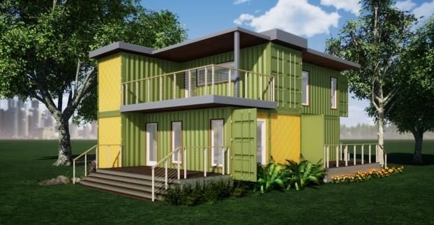 2 Story Green & Yellow Container Home Exterior Designed By RC3D