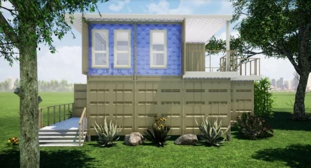 2 Story Blue & Tan Container Home Exterior Designed By RC3D