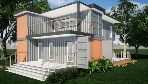 2 Story Grey & Coral Container Home Exterior Designed By RC3D