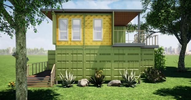 2 Story Green & Yellow Container Home Exterior Designed By RC3D