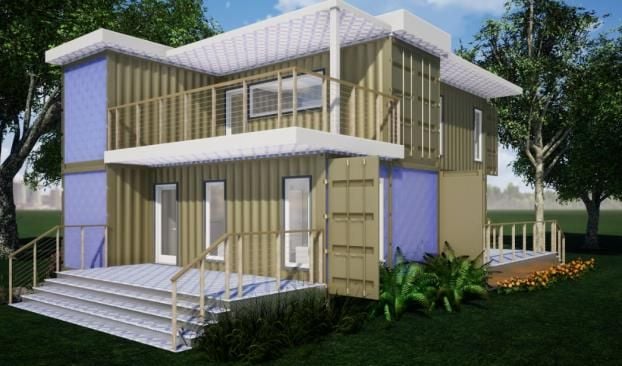 2 Story Blue & Tan Container Home Exterior Designed By RC3D